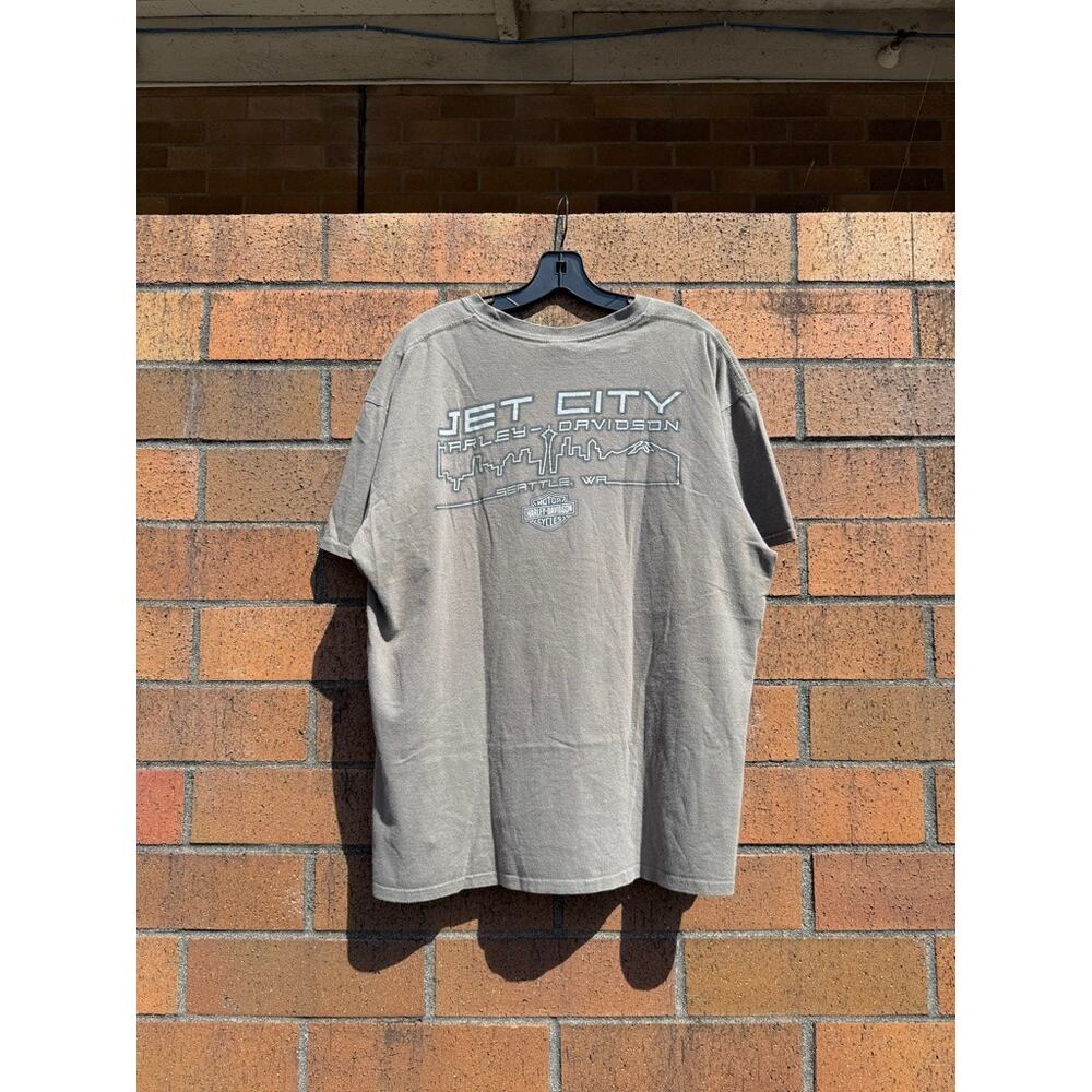 2010 Harley Davidson Y2K Vintage Jet City Seattle Pocket Tee Shirt Olive Green - Picture 2 of 7